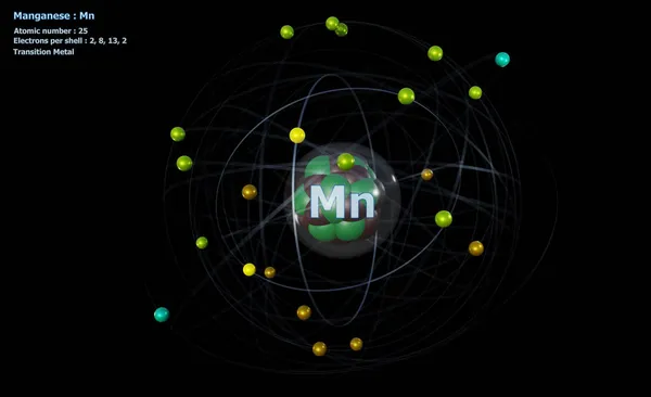 Átomo Manganês Com Núcleo Elétrons Com Fundo Preto — Fotografia de Stock