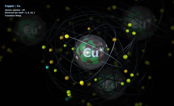 Atom Copper Yksityiskohtaiset Core Sen Elektronit Atomien Taustalla — kuvapankkivalokuva