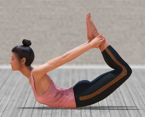 Виртуальная Женщина Yoga Bow Pose Прозрачным Деревянным Полом Размытым Фоном — стоковое фото