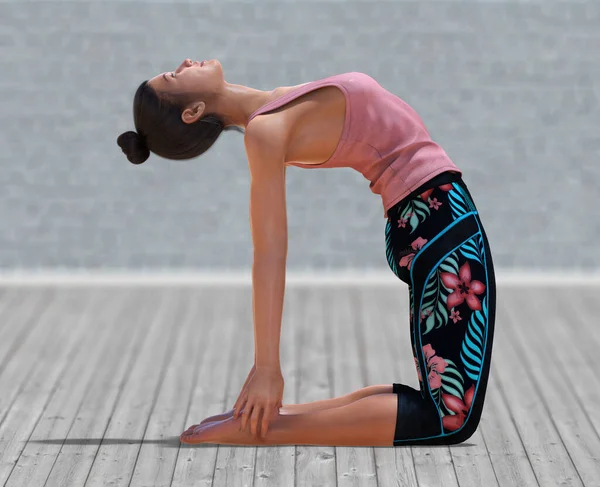 Virtual Woman Yoga Camel Pose Med Klar Trägolv Och Suddig — Stockfoto