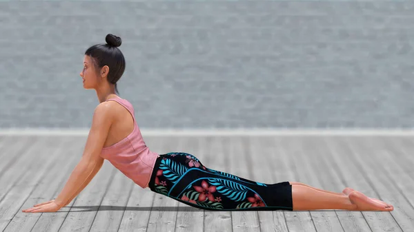 Mulher Virtual Yoga Cobra Pose Com Piso Madeira Clara Fundo — Fotografia de Stock