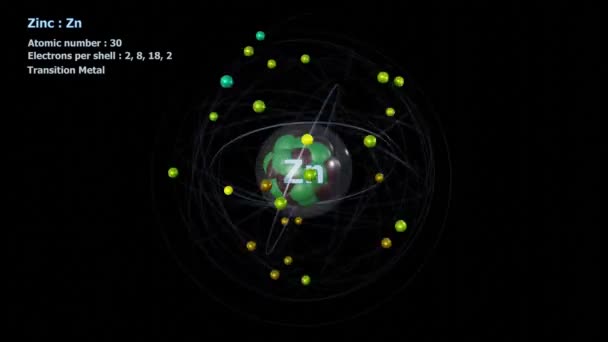 Siyah Üzerinde Sonsuz Yörüngede Elektron Olan Çinko Atomu — Stok video