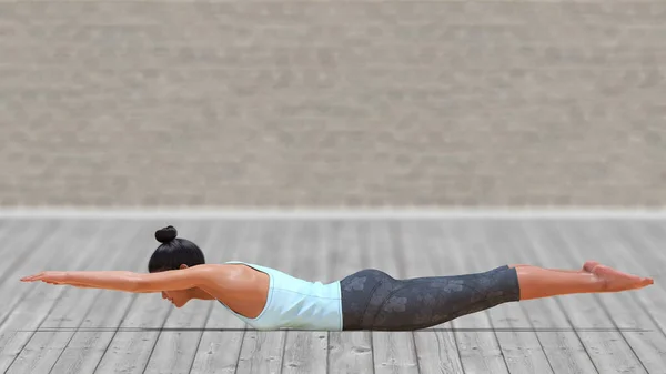 Virtual Woman Yoga Inverted Locust Pose Clear Wood Floor Blurry — Stockfoto