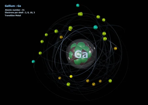 Atom Galu Szczegółowym Rdzeniem Jego Elektronów Czarnym Tłem — Zdjęcie stockowe