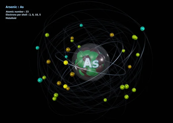 Átomo Arsénico Con Núcleo Detallado Sus Electrones Con Fondo Negro — Foto de Stock