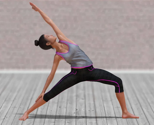 Virtual Woman Yoga Reverse Warrior Pose Διαυγές Ξύλινο Δάπεδο Και — Φωτογραφία Αρχείου