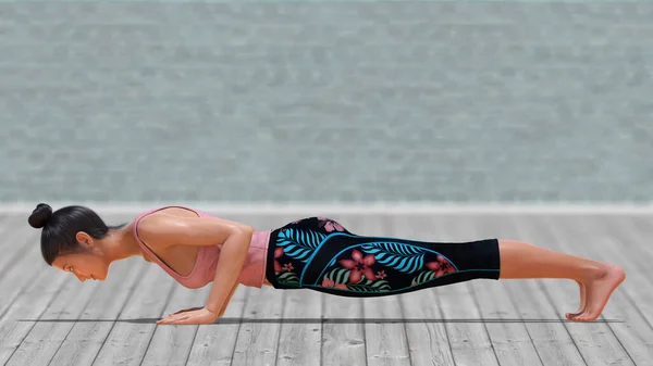 Virtual Woman Yoga Low Plank Pose Clear Wood Floor Blurry — стокове фото