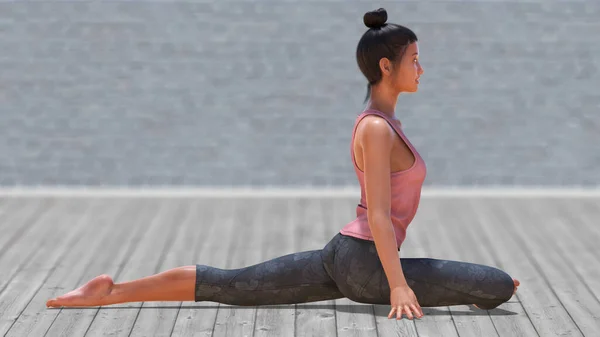 Virtual Woman Yoga Half Pigeon Pose Clear Wood Floor Blurry — Fotografia de Stock