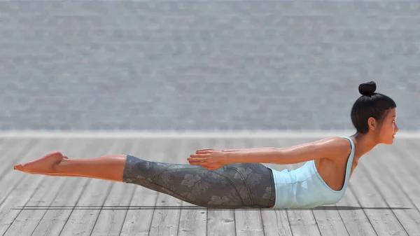 Virtual Woman Yoga Locust Pose Clear Wood Floor Blurry Background — Foto Stock