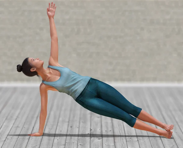 Virtual Woman Yoga Side Plank Pose Clear Wood Floor Blurry — Stock Photo, Image
