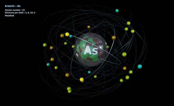 Átomo Arsénico Con Núcleo Electrones Con Fondo Negro — Foto de Stock