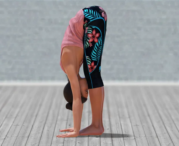 Virtual Woman Yoga Standing Forward Pose Διαυγές Ξύλινο Δάπεδο Και — Φωτογραφία Αρχείου