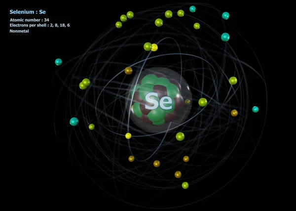 Atom Selenium Detailed Core Its Electrons Black Background — Stock Photo, Image