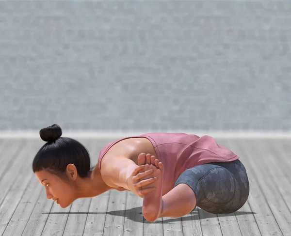 Виртуальная Женщина Yoga Сидящая Широконогая Поза Прозрачным Деревянным Полом Размытым — стоковое фото