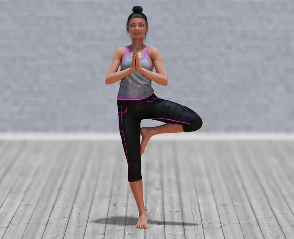 Virtual Woman Yoga Tree Pose Med Klar Trägolv Och Suddig — Stockfoto