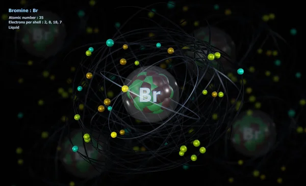 Atom Bromu Detailním Jádrem Jeho Elektrony Atomy Pozadí — Stock fotografie