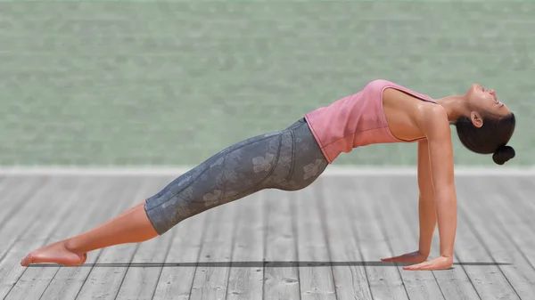 Virtuell Kvinna Yoga Uppåt Plank Pose Med Klar Trägolv Och — Stockfoto