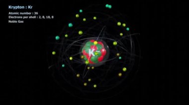 Kripton 'un atomu 36 elektron ile sonsuz yörünge rotasyonunda siyah bir arkaplan ile