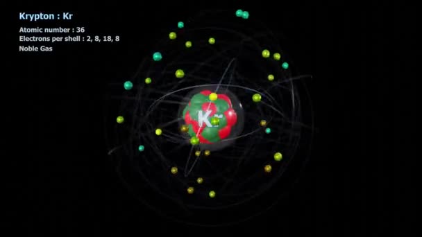 Атом Криптона Электронами Бесконечной Орбитальной Вращения Черным Фоном — стоковое видео