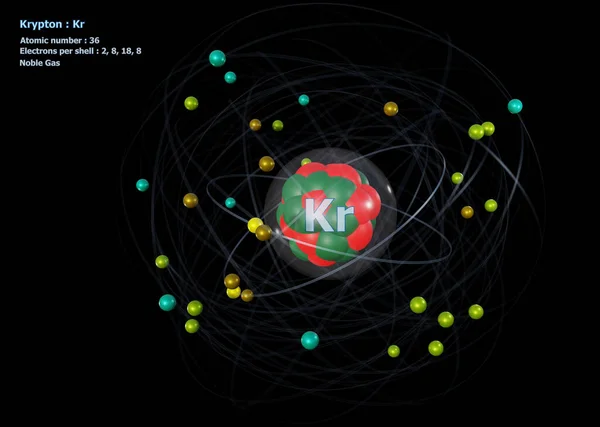 Atom Krypton Met Gedetailleerde Kern Zijn Elektronen Met Een Zwarte — Stockfoto