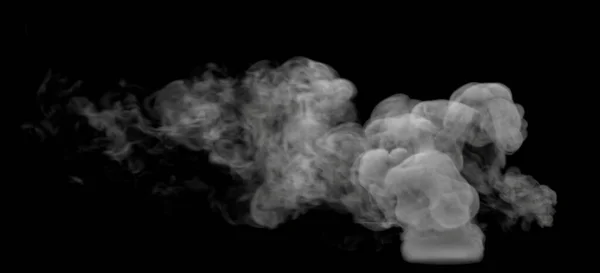 Wispy Örvénylő Fehér Hosszú Füstfelhő Fekete Háttérrel — Stock Fotó