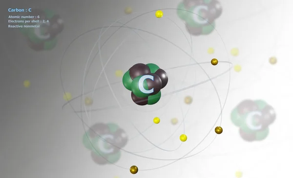 具有详细核心的碳原子和背景为原子的白原子上的6个电子原子 — 图库照片
