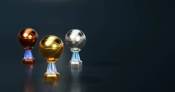 Shiny Basketball Gold Silver Bronze Trophies Focused Gold Dark Petrol — Stock Photo, Image