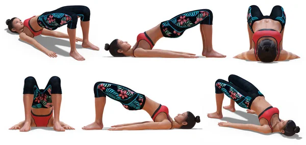 Puente Mujer Virtual Yoga Pose Con Ángulos Visión Sobre Fondo — Foto de Stock