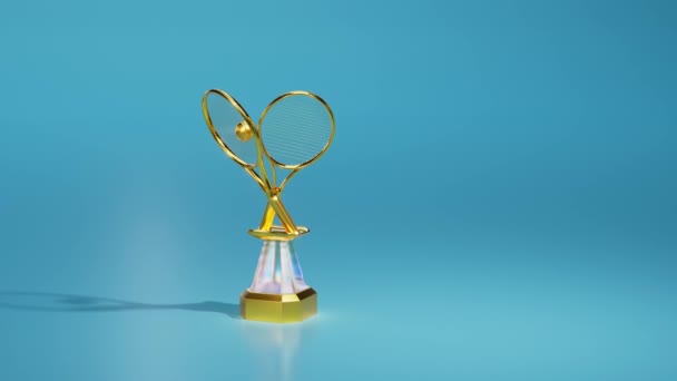 Plateau Tournant Trophée Tennis Lumineux Avec Raquette Balle Sur Fond — Video