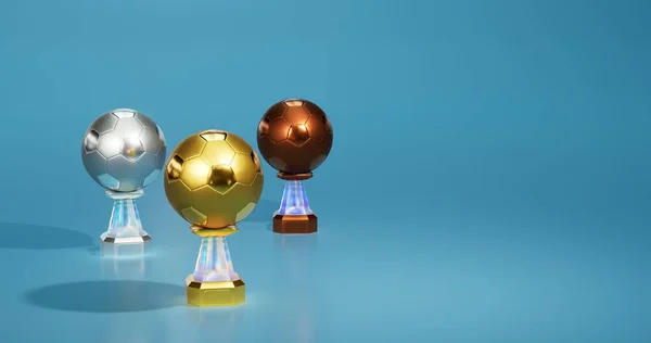 Parlak Futbol Altın Gümüş Bronz Kupalar Yumuşak Açık Mavi Arkaplanlı — Stok fotoğraf