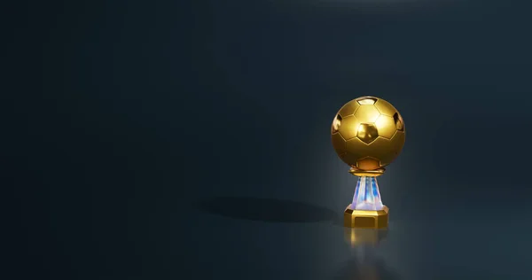 ダークペトロルブルーの背景を持つ光沢のあるフットボールゴールドトロフィー — ストック写真
