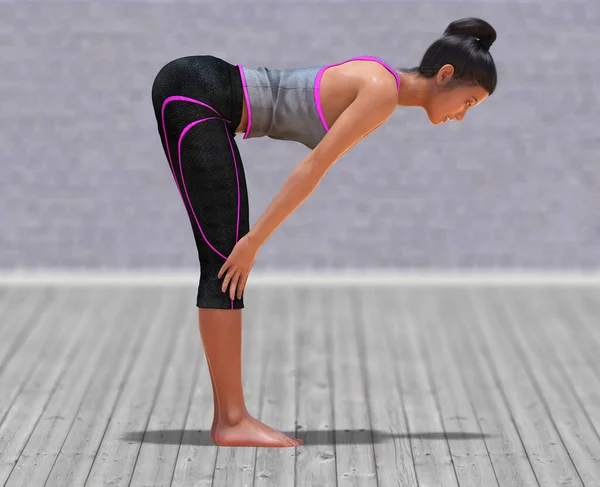 Virtual Woman Yoga Standing Half Forward Bend Pose Διαυγές Ξύλινο — Φωτογραφία Αρχείου