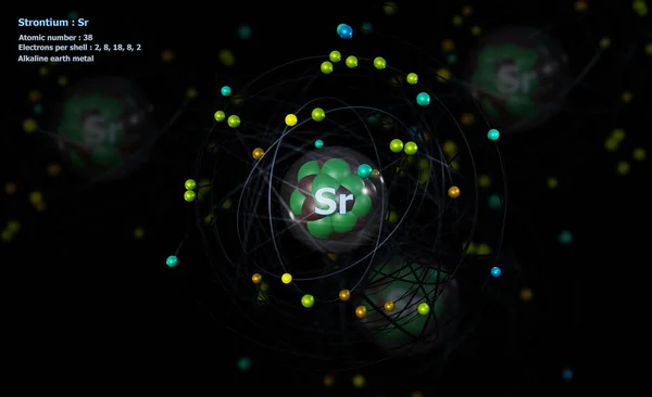 Atome Strontium Avec Noyau Détaillé Ses Électrons Avec Atomes Arrière — Photo