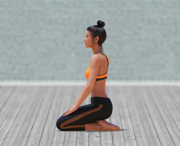 Virtual Woman Yoga Hero Pose Med Klar Trägolv Och Suddig — Stockfoto