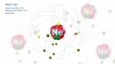 Atom of Neon ve sonsuz yörüngede 10 elektron arkaplanda atomlarla birlikte beyaz üzerinde dönerler.