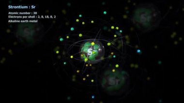 Atom of Strontium ve arkaplanda diğer atomlarla birlikte sonsuz yörüngede 38 elektron.