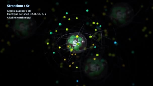 Атом Стронції Електронами Нескінченному Обертанні Орбіти Іншими Атомами Задньому Плані — стокове відео