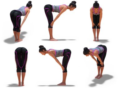 Yoga 'da Sanal Kadın Duran Yarı İleri Kıvrım Pozu beyaz arka planda 6 açılı