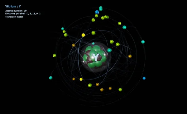 Atom Yttrium Core Electrons Black Background — Stock Photo, Image