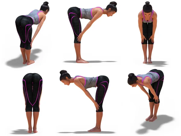 Mujer Virtual Yoga Pie Medio Delantero Doblar Pose Con Ángulos — Foto de Stock