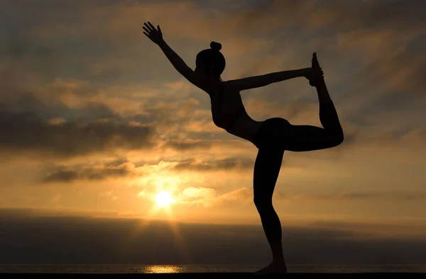 Frau Seite Silhouette Yoga Dancer Pose Bei Sonnenuntergang Mit Bewölktem — Stockfoto
