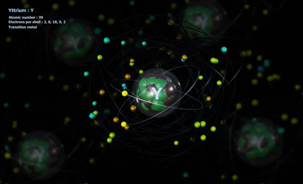 Atome Yttrium Avec Noyau Détaillé Ses Électrons Avec Atomes Arrière — Photo