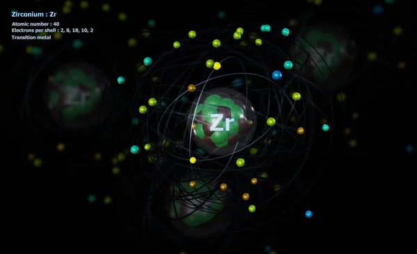 Atome Zirconium Avec Noyau Détaillé Ses Électrons Avec Atomes Arrière — Photo