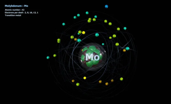 Atom Molibdenu Rdzeniem Elektrony Czarnym Tle — Zdjęcie stockowe