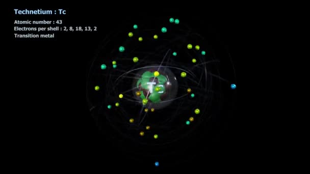 Átomo Tecnecio Con Electrones Rotación Orbital Infinita Con Fondo Negro — Vídeo de stock