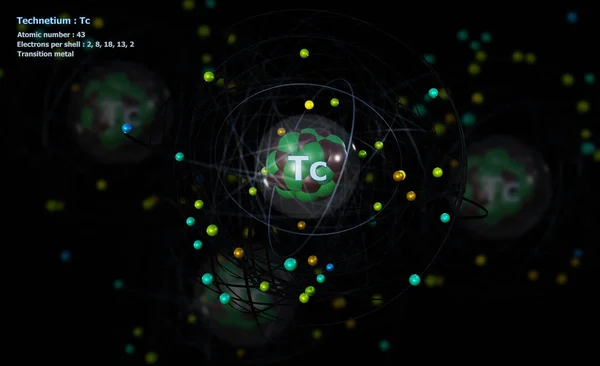 詳細なコアと背景に原子とその43電子とテクネチウムの原子 — ストック写真