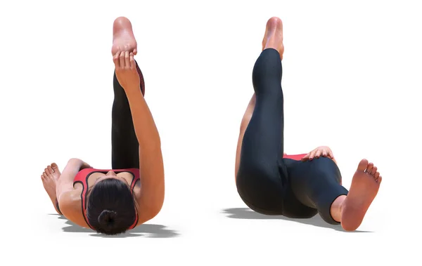 Frente Espalda Poses Una Mujer Virtual Yoga Mano Reclinada Pie — Foto de Stock