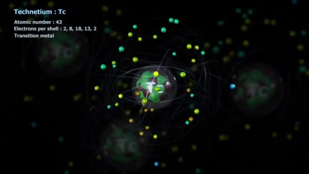 Atom Technetium Elektronnal Végtelen Keringési Pályán Más Atomokkal Háttérben — Stock videók