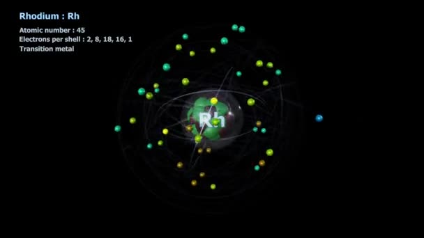 Атом Родия Электронами Бесконечной Орбитальной Вращения Черным Фоном — стоковое видео