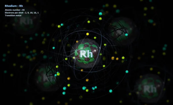 Átomo Rhodium Con Núcleo Detallado Sus Electrones Con Átomos Fondo —  Fotos de Stock